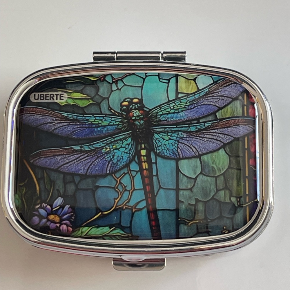 Uberte Dragonfly Metal Pillbox. 2 Compartment and Snap Closure. NEW